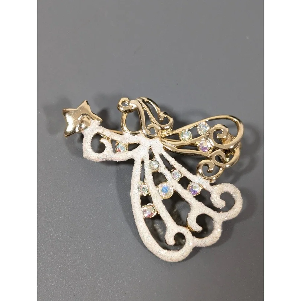 Danecraft Angel Brooch Gold‎ Tone White Aurora Borealis Crystal Pin